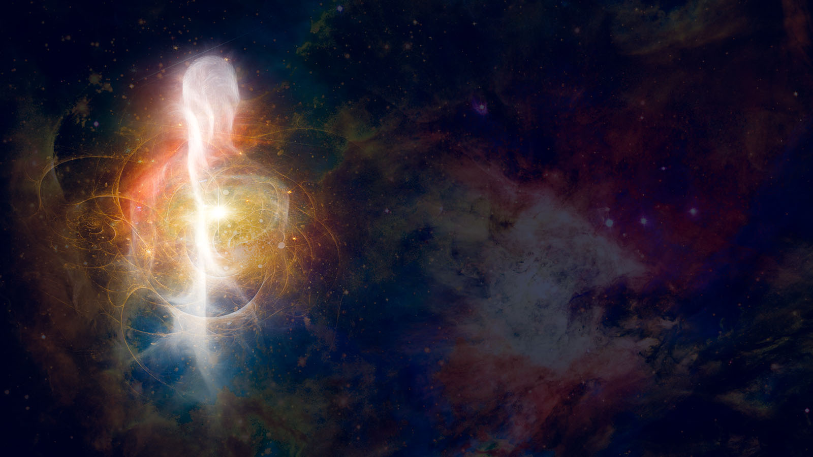 A luminous cosmic burst against deep space — nebula, stars, and threads of light.